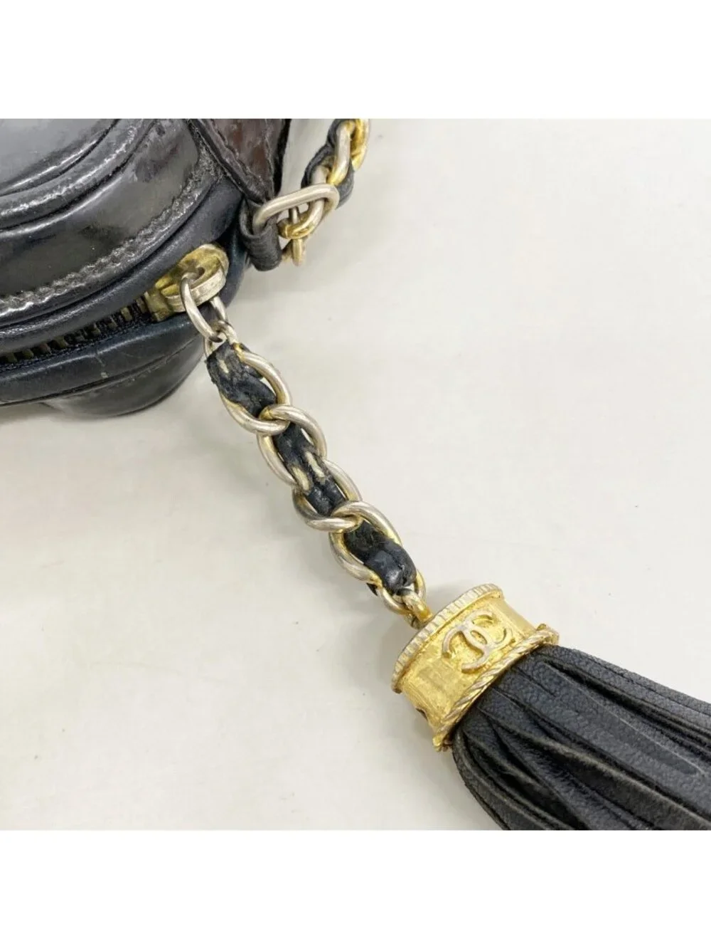 Chanel Shoulder Bag Quilted Patent Leather Black Gold
